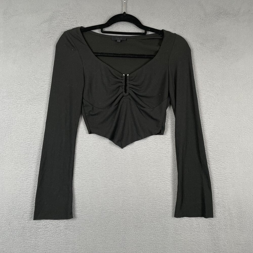 H:ours Shirt Womens XS Black Cropped Long Sleeve Scoop Neck Rhinestone